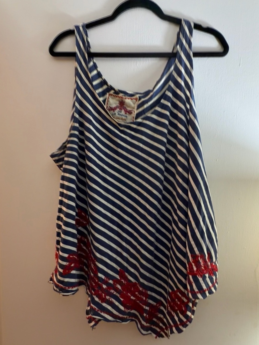 Johnny Was Striped Navy & White Tank with Red Embroidery